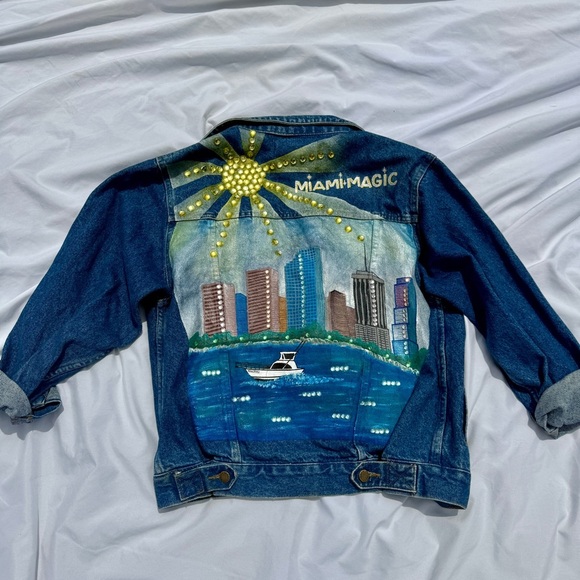 Custom Hand-Painted Miami Magic Skyline & Wizard Vintage Denim Jacket - Picture 2 of 10